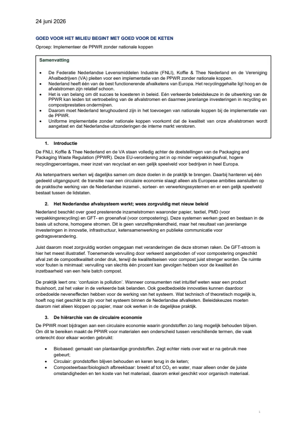FNLI, KTN & VA position paper PPWR - geen nationale koppen