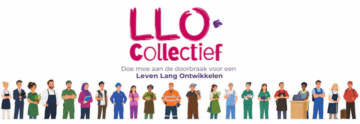 Illustratie van diverse mensen met LLO Collectief-logo