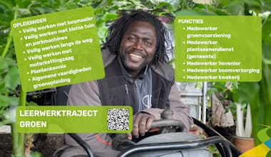 Man met bosmaaier in groene omgeving, opleidingen en functies.