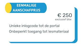 Naast een gele cirkel en blauwe rechthoek, prijsinformatie.