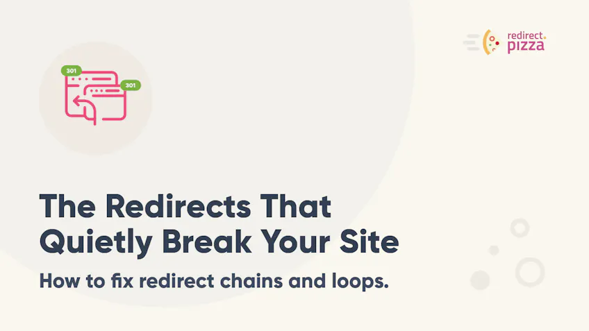 Two stacked browser windows with 301 labels and a looping arrow, illustrating redirect chains and loops.