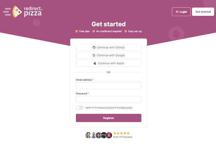registration page redirect.pizza