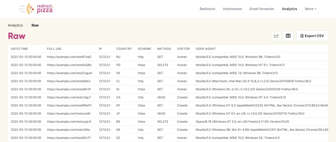 traffic logs and raw analytics redirects