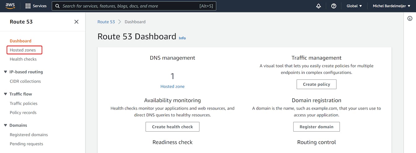 Amazon Route 53 dashboard