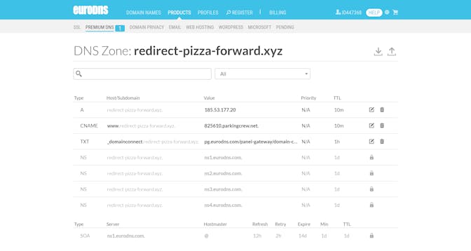 Changing DNS at EuroDNS