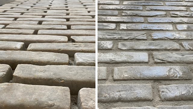 Kolommen en balken met ingestorte ruwe steenstrips